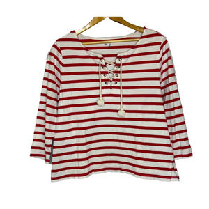 Women's Large Gap Red Stripe Lace Up Front 3/4 Sleeve Cotton T-Shirt